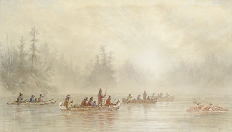 Indians Paddling on a Misty Lake