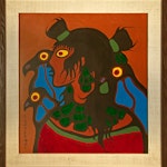 Untitled figure with birds by Norval Morrisseau, circa 1975 Oil on Panel - (30.5x28.25 in)