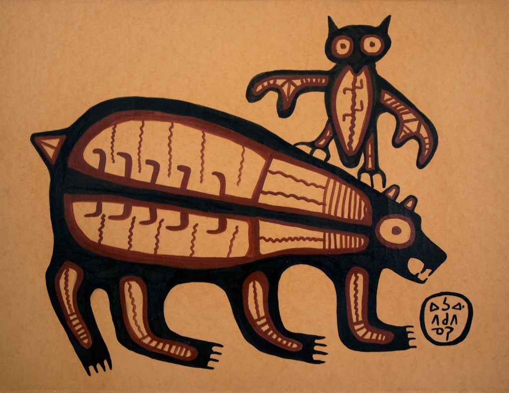 Bear and Owl by Norval Morrisseau, circa 1966 Acrylic on Brown Kraft Paper - (32x41 in)
