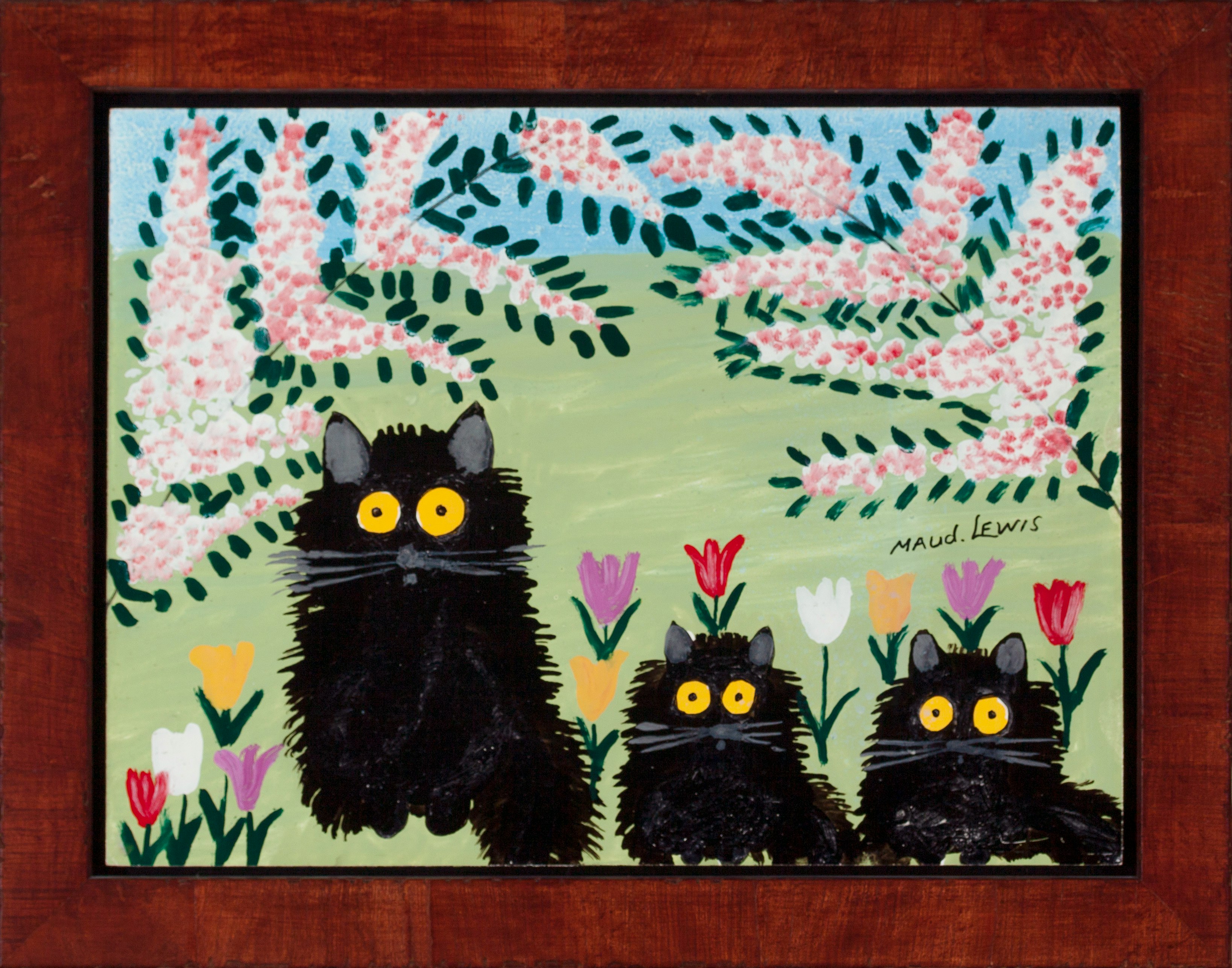 Three Black Cats by Maud Lewis, circa 1960 Oil on Panel - (12x15.75 in)