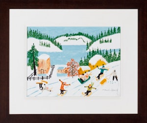 Skiing and Sledding Scene by Maud Lewis, circa 1968 Oil on Panel - (12x16 in)