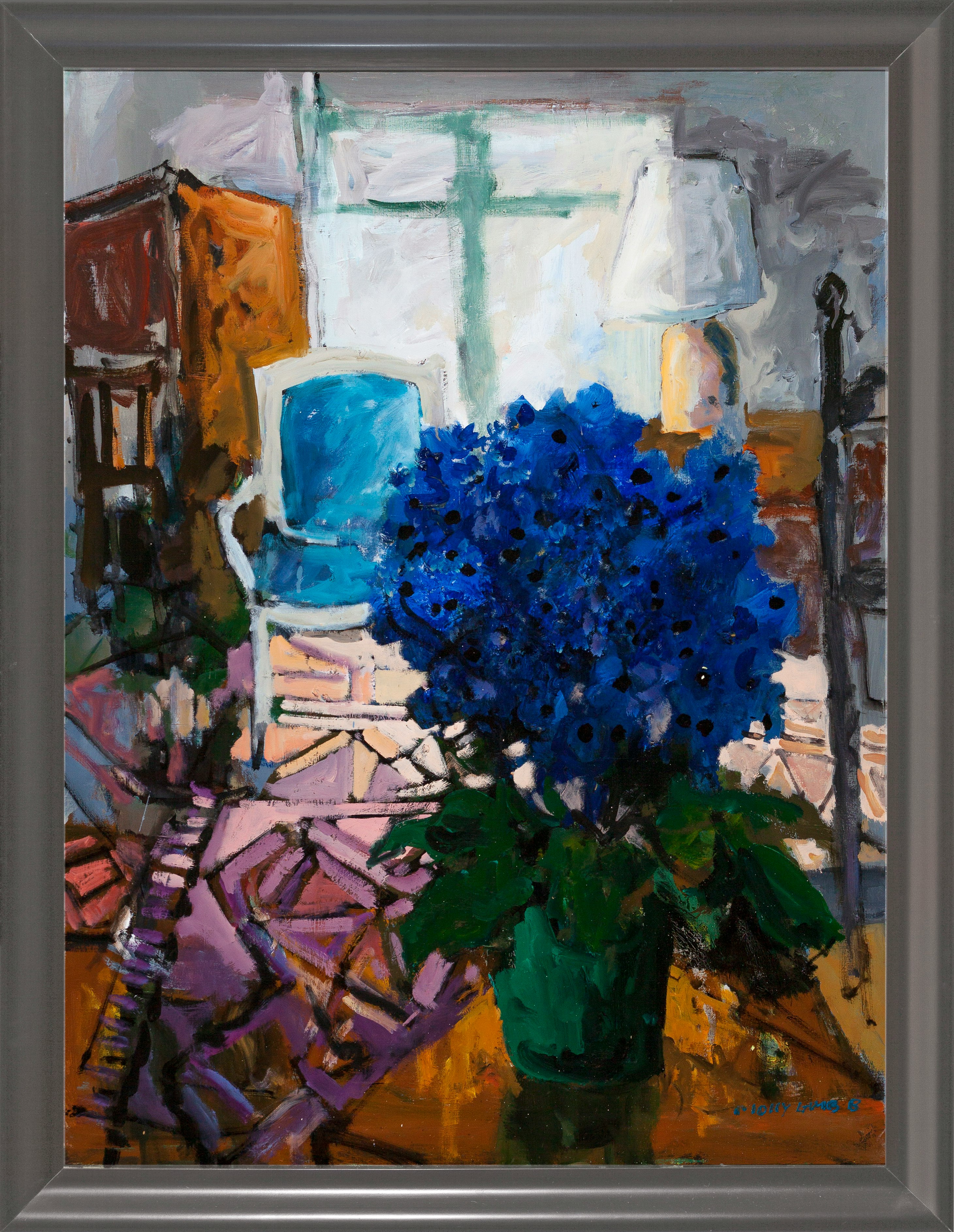 Interior & Blue Cineraria by Molly Lamb Bobak Oil on canvas - (40x30 in)