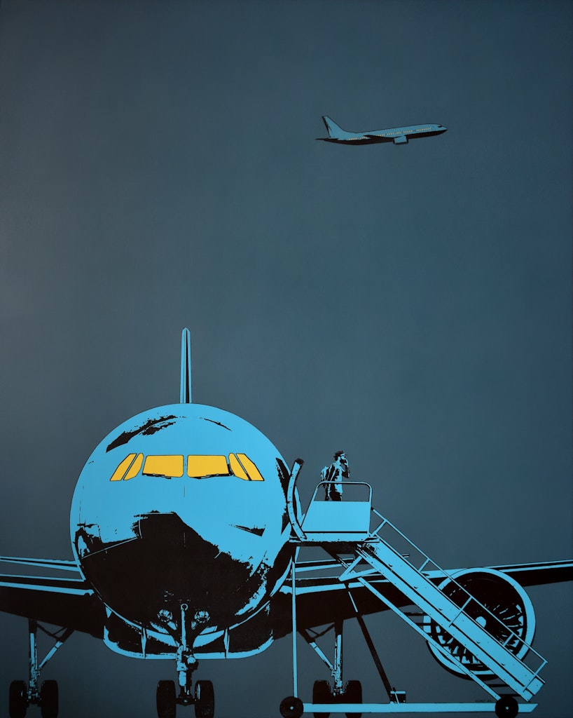 Wheels Down by Eric Ouimet, 2022 Ink on gallery birch wood panel - (60x48 in)